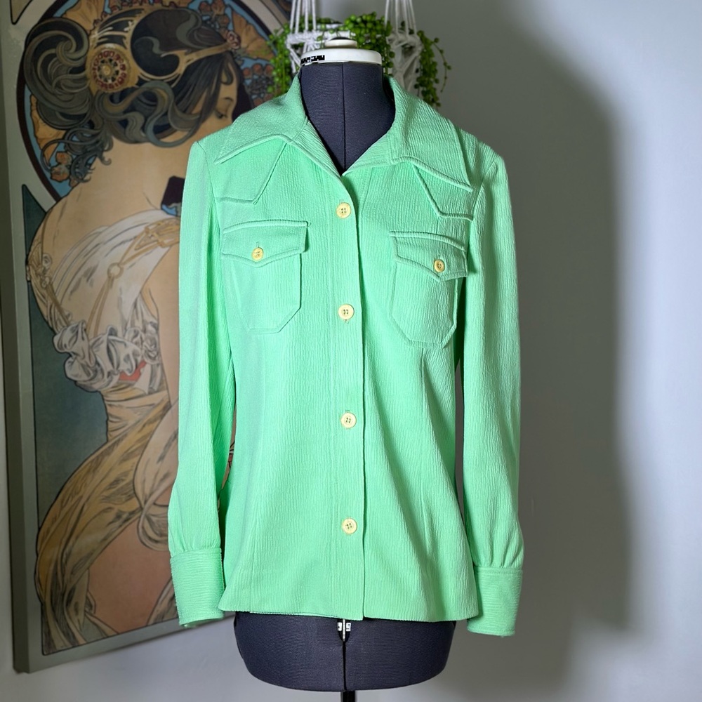 Women’s Vintage Panhandle Slim Neon Lime Green Polyester Button Down
